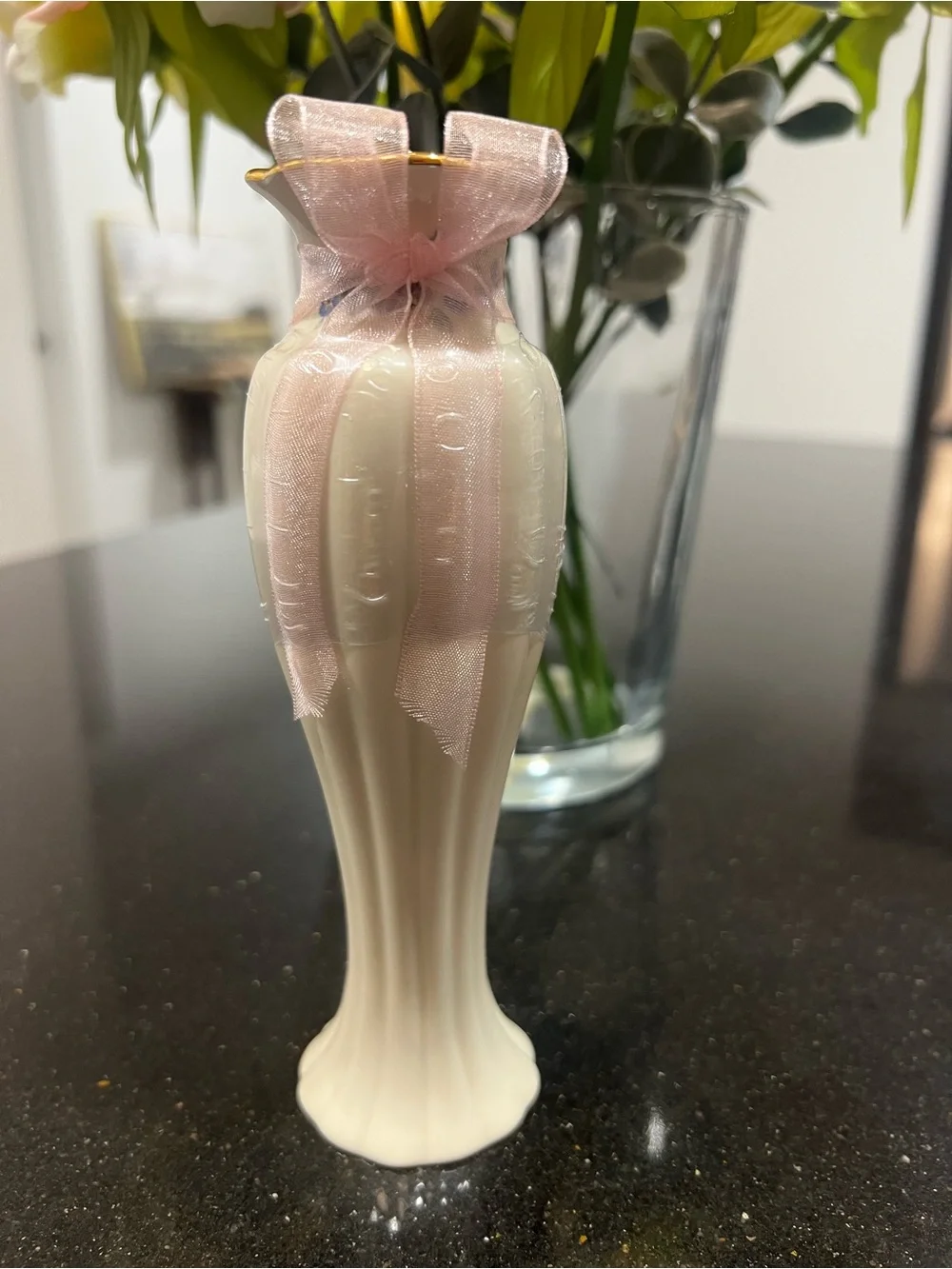 Lenox Cream Porcelain Heart Motif Bud Vase with Pink Ribbon Accent